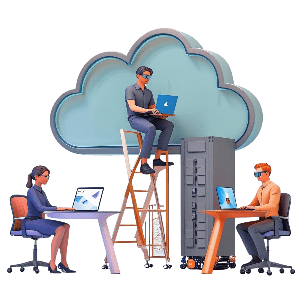 Two salespeople working at their desks while a specialist climbs a ladder to reach the cloud